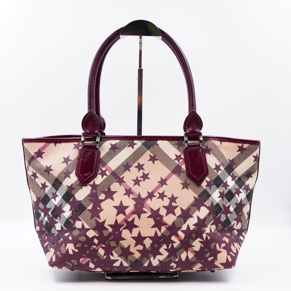 AI07❤️ BURBERRY Patent Supernova Check Stars Nickie Tote - Picture 5 of 14